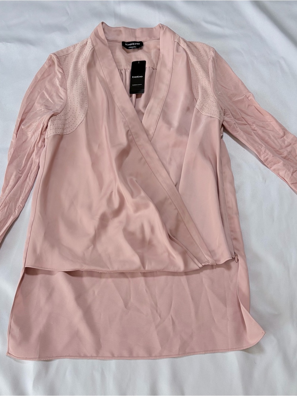 bebe Light Pink Wrap-Front Blouse with suede
